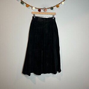 Vintage black suede leather midi skirt